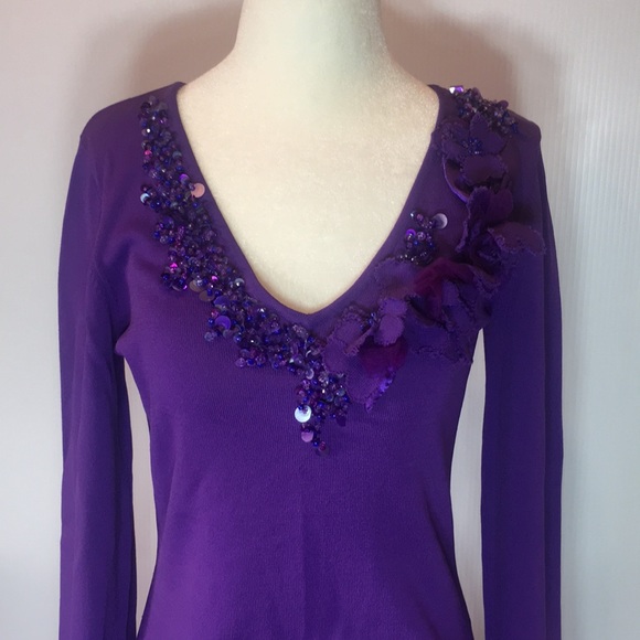 Purple sweater . Sz S . Beaded/sequins Vneck - Picture 2 of 16